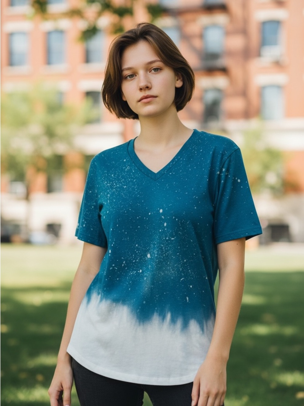 Bella + Canvas Blue Bleach Splatter Ombre V-Neck Graphic Tee Medium NWOT